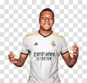 Kylian Mbappé wearing Real Madrid jersey, talented footballer transparent png Kylian Mbappe wearing Real Madrid jersey talented footballer transparent png