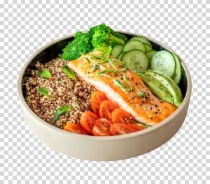Healthy Salad with salmon quinoa and vibrant vegetables transparent PNG image