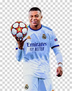 Mbappé in Real Madrid Jersey, football superstar, transparent PNG image Mbappé in Real Madrid Jersey football superstar transparent PNG image