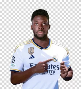 Alphonso Davies wearing Real Madrid shirt, football transfer, transparent PNG image Alphonso-Davies-wearing-Real-Madrid-shirt-football-transfer-transparent-PNG-image