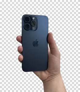 Hand holding iPhone 15 pro max smartphone transparent PNG image